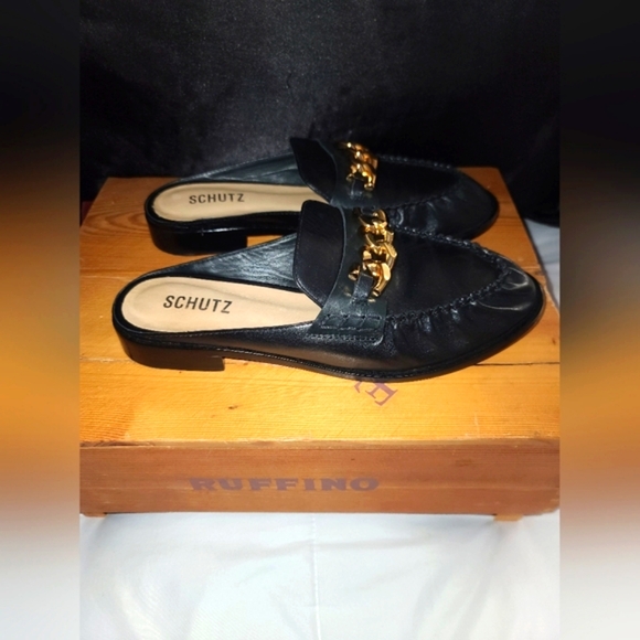 SCHUTZ Black Loafers with Gold Chain Accent - Picture 3 of 5